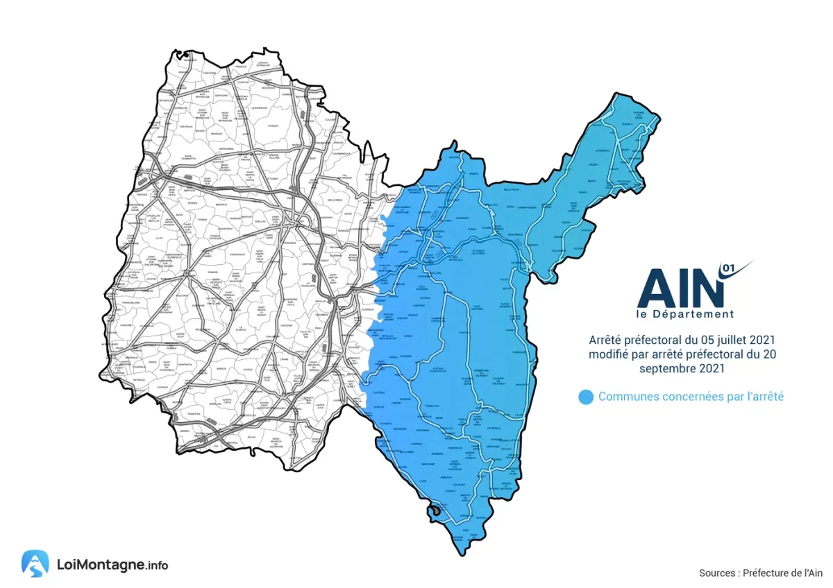 Carte des communes et routes du département de l'Ain concernées par la Loi Montagne