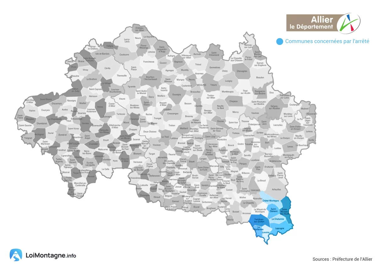 Carte du département de l'Allier et de ses communes concernées par la Loi Montagne