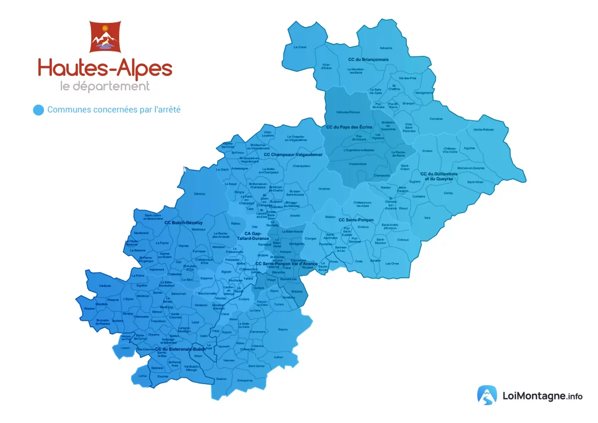 Carte du département des Hautes-Alpes et communes concernées par la Loi Montagne
